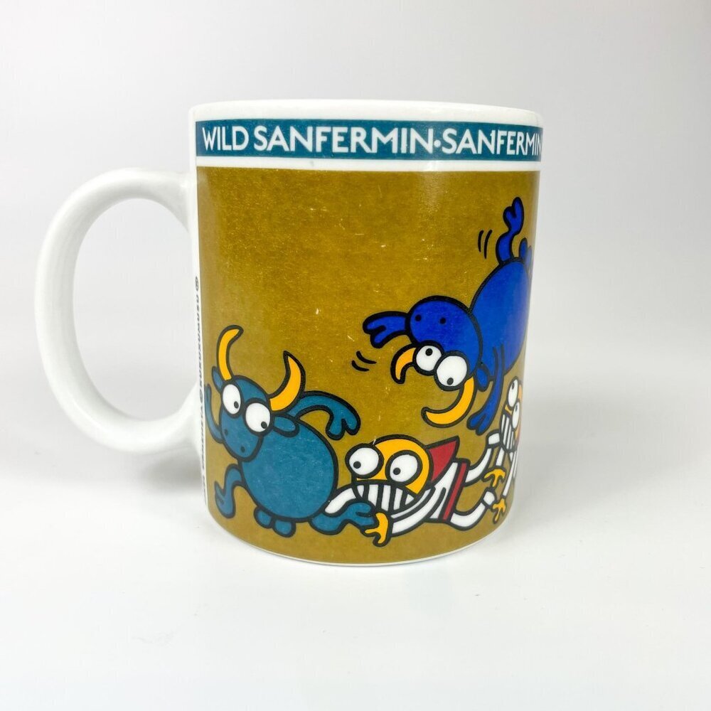 Vtg KUKUXUMUSU Wild Sanfermin Loco Eroak Coffee Mug Cup Green Mikel Urmeneta